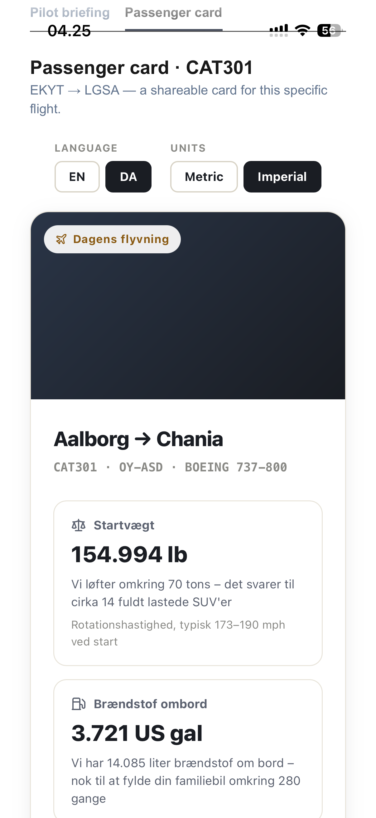 FlightBrief passenger card for CAT301