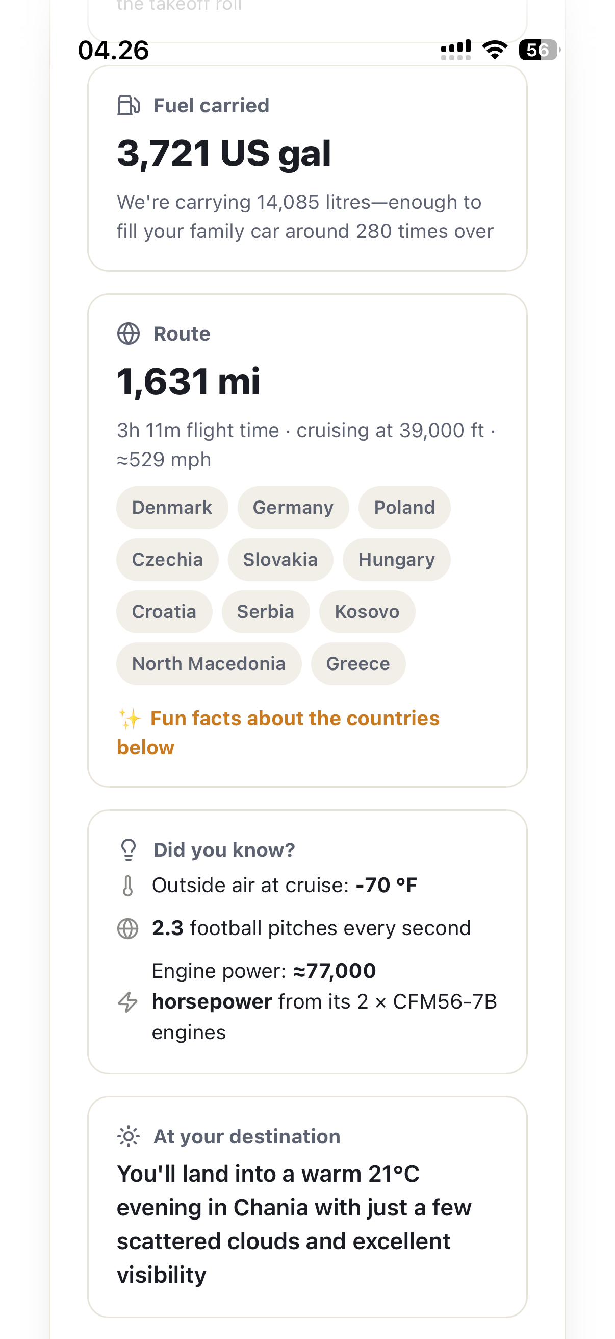 FlightBrief passenger card — route and fun facts